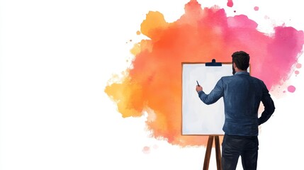 Poster - a businessman stands facing a whiteboard, ready to present an idea. the watercolor background symbol