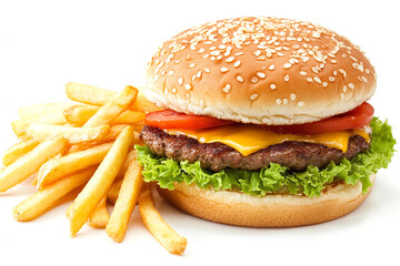 Cheeseburger with French fries. Close-up photo. Fast food