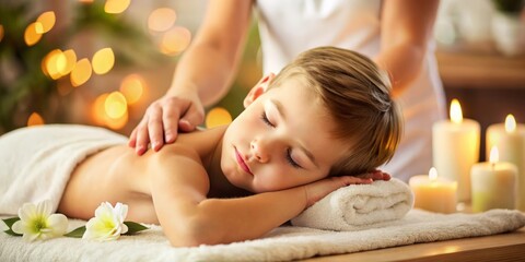 Happy little boy is receiving a soothing back massage on a massage table, surrounded by candles and flowers in the foreground. Spa.