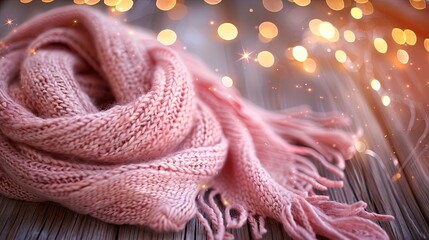 Top view of a cozy winter evening with a pink scarf on a wooden background