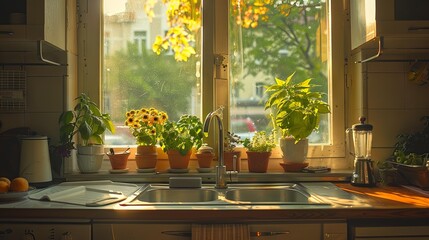 View of the kitchen sink from inside next to the window