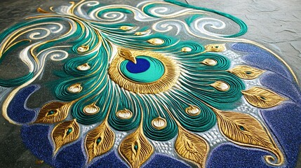 Wall Mural - Peacock feather rangoli design, blending colors of the peacock’s plumage turquoise, emerald, and gold with fine detailing