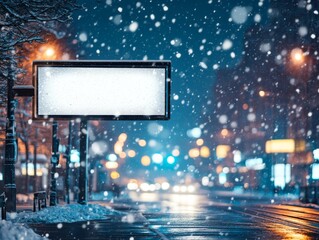 Wall Mural - banner, billboard with free space for text, on blue snowy city background , 3d, photo, banner, template, flyer, letterhead, background, postcard
