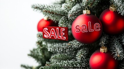 background, banner with branches Christmas tree , with the word “sale” on Christmas tree balls, on white background with free space for text, 3d, banner, template, flyer, letterhead, background