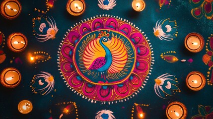 Vibrant rangoli with peacock designs, surrounded by diyas, with intricate details in bright colors like pink, blue, and green