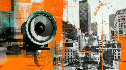 Abstract Cityscape with Speaker and Orange Paint Splatter