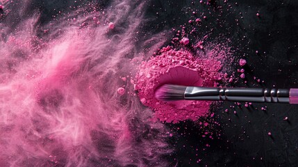 Wall Mural - Pink powder splash on black background with close up of brush