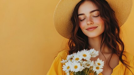 Woman with wavy brown hair, wearing a wide-brimmed hat, holding daisies, smiling softly against a vibrant orange backdrop