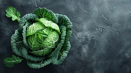 Top view of fresh green cabbage on dark background selective focus