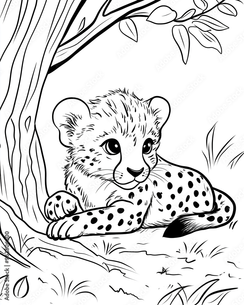 Cute Baby Cheetah Cub Sitting Under Tree Coloring Page for Kids ...