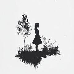 Silhouette of a girl in nature: floating island with trees and plants