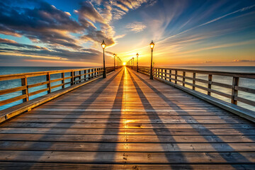 A wooden pier with a long walkway leading to the water. The sun is setting, casting a warm glow on the pier and the water. The scene is peaceful and serene