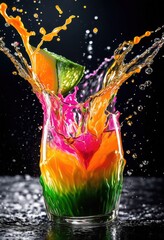 colorful juice splashes inside clear glass containers creating dynamic refreshing visual experience, explosion, vibrant, liquid, beverage, bright, drink