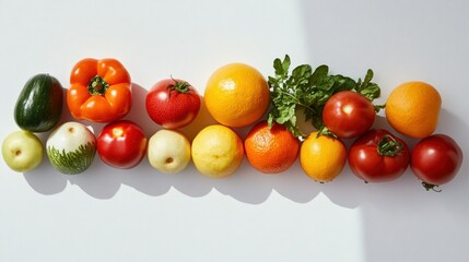 Wall Mural - Colorful Fruit and Vegetable Arrangement on White Background