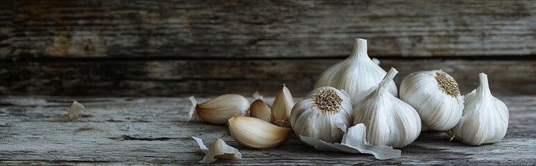 Poster - Fresh Garlic Cloves and Bulbs Arranged on Rustic Wooden Table With Papery Skins Peeled Back