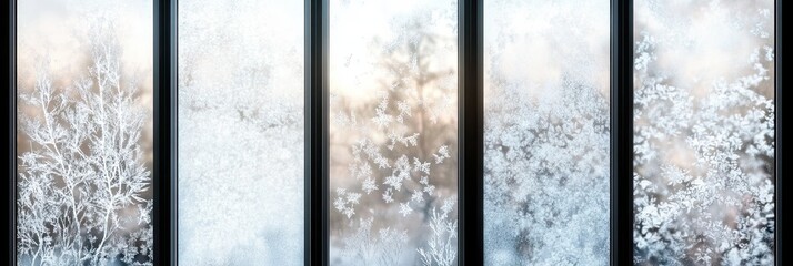 Poster - Intricate Frosty Patterns on Glass Create a Winter Wonderland View at Dawn