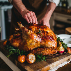 Wall Mural - Close up hands putting turkey on table