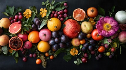 Sticker - A Still Life Arrangement of Fruit, Vegetables, and Flowers