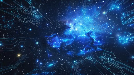 Wall Mural - A wide-angle view of a star-studded sky with a dominant blue nebula, overlaid with futuristic, glowing technological circuits and lines.