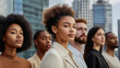 © Ayla - Professional businesswoman in a business setting, surrounded by a diverse group of people, including business professionals standing confident with a background of modern buildings in the city.