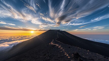 Wall Mural - Wispy cirrus clouds drifting lazily over the jagged summit of a black mountain, with the sun setting in the background, casting a golden glow.