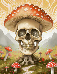Wall Mural - Magic mushrooms and skull