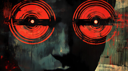 A close-up of a vintage propaganda poster with two concentric red circles, like watchful cyborg eyes, emanating a faint light in the darkness. Cyborg. Illustration