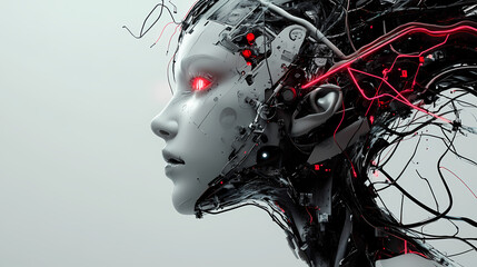 Wall Mural - Ai generative, female cyborg with mechanisms and wires in head, digital technological as a background. Cyborg. Illustration