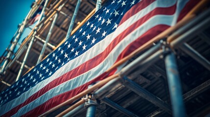 Labor Day background with American flags draped over a construction scaffold, symbolizing unity and hard work