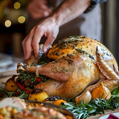 Wall Mural - Close up hands putting turkey on table