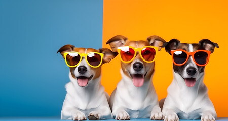 Wall Mural - Creative animal concept. Group of Jack Russel Terrier dog puppy friends in sunglass shade glasses isolated on solid background, commercial, editorial advertisement, copy text space	
