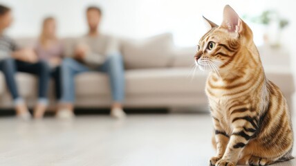 Bengal cat playing in a minimalist, stylish living room, pet lifestyle, design