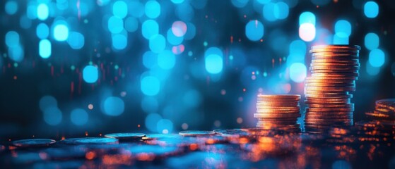 Poster - Golden Coin Stacks with Blue and Red Bokeh Background