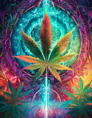 Wall Mural - Psychedelic illustration of a hemp leaf