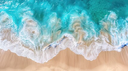 Aerial view of beach and waves with turquoise water - Drone perspective capturing summer seascape.