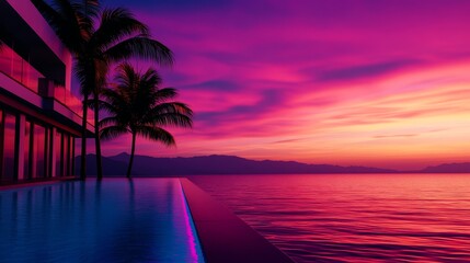 Wall Mural - A modern villa with an infinity pool overlooks the ocean at sunset, creating a stunning scene of tropical luxury and relaxation. The vivid colors of the sky and water evoke feelings of peace and tranq