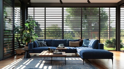 Wall Mural - Contemporary living space with blue comfy sofa and wooden coffee table by large windows and black blinds