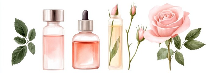 A set of three essential oil bottles with a pink rose and its leaves.  The bottles represent beauty, aromatherapy, and wellness. The pink rose symbolizes love, romance, and natural beauty. The leaves 