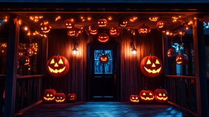 Wall Mural - In a dark and eerie atmosphere, a spooky clown enters with glowing lights and pumpkins.