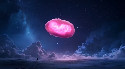 A single figure stands in awe beneath a glowing pink cloud, resembling a cotton candy dream, against the backdrop of a vast, starry night sky. The image symbolizes wonder, the pursuit of dreams, and t