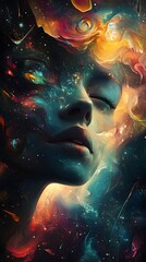 Wall Mural - abstract cosmic portrait with closed eyes and swirling nebulae