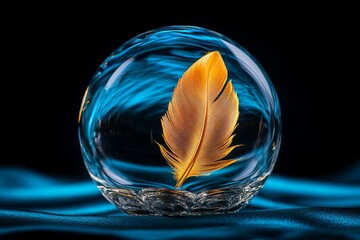 glass sphere, with a single golden feather inside suspended as if caught in a moment of time, foreve