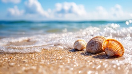 A tranquil beach scene with three seashells resting on the soft, sandy shore. Gentle ocean waves caress the beach, creating a peaceful and serene ambiance. The scene embodies a sense of calm, relaxati