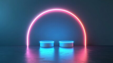 Wall Mural - A vibrant neon rainbow arches over two glowing blue platforms against a dark blue background. This image symbolizes creativity, progress, opportunity, and the future.