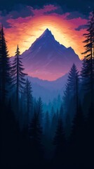 Poster - majestic mountain at sunset with pine forest