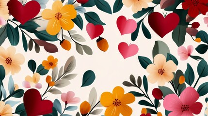 Wall Mural - A whimsical hand-drawn illustration featuring a delicate floral pattern intertwined with vibrant red hearts, symbolizing love, joy, and the beauty of nature.