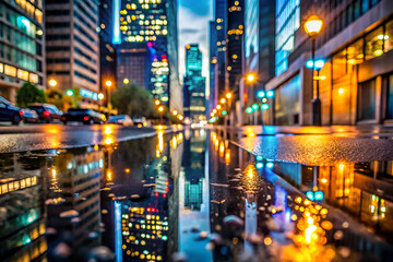 A city street at night with a puddle of water reflecting the lights of the buildings. Scene is serene and peaceful, as the water creates a calming effect on the busy cityscape