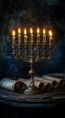 Hanukkah menorah casting golden light on ancient Hebrew scrolls, historical Jewish culture, [Hanukkah menorah], [ancient history]