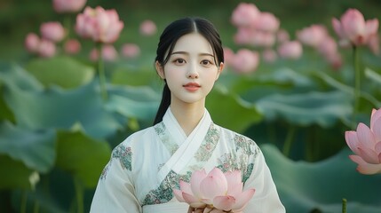 A young woman in a white and green hanbok dress stands gracefully among pink lotus flowers, symbolizing purity, beauty, and the cycle of life. Her gentle smile and serene expression evoke a sense of p