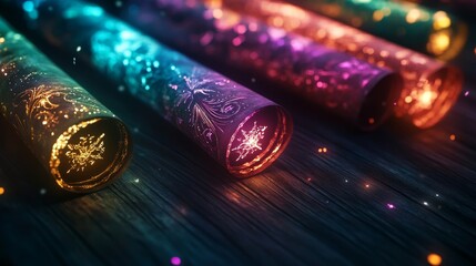 Wall Mural - Four magical scrolls, glowing with vibrant colors, lie on a dark wooden surface. Each scroll is adorned with intricate designs and sparkles, symbolizing mystery, enchantment, knowledge, and the power 